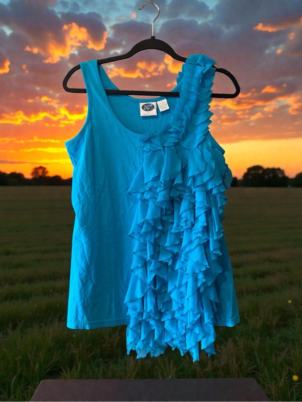 DG2 by Diane Gilman Bright Blue Ruffled Tank Top